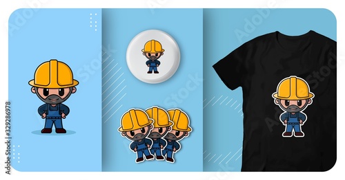 cute bearded construction worker with helmet logo character mascot t shirt badge and sticker design
