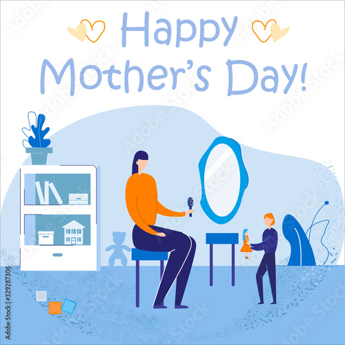 Happy Mothers Day Banner. Family Girl and Woman Playing at Home. Mother and Little Daughter Spending Time Together at Game with Doll or Weekend. Leisure, Sparetime. Cartoon Flat Vector Illustration