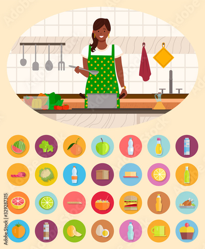 Woman stand by table and boil soup in pan in kitchen. Kitchenware and ingredients for meal on desk. Icons of products, vegetables and fruits, liquids and food. Vector illustration of cooking in flat