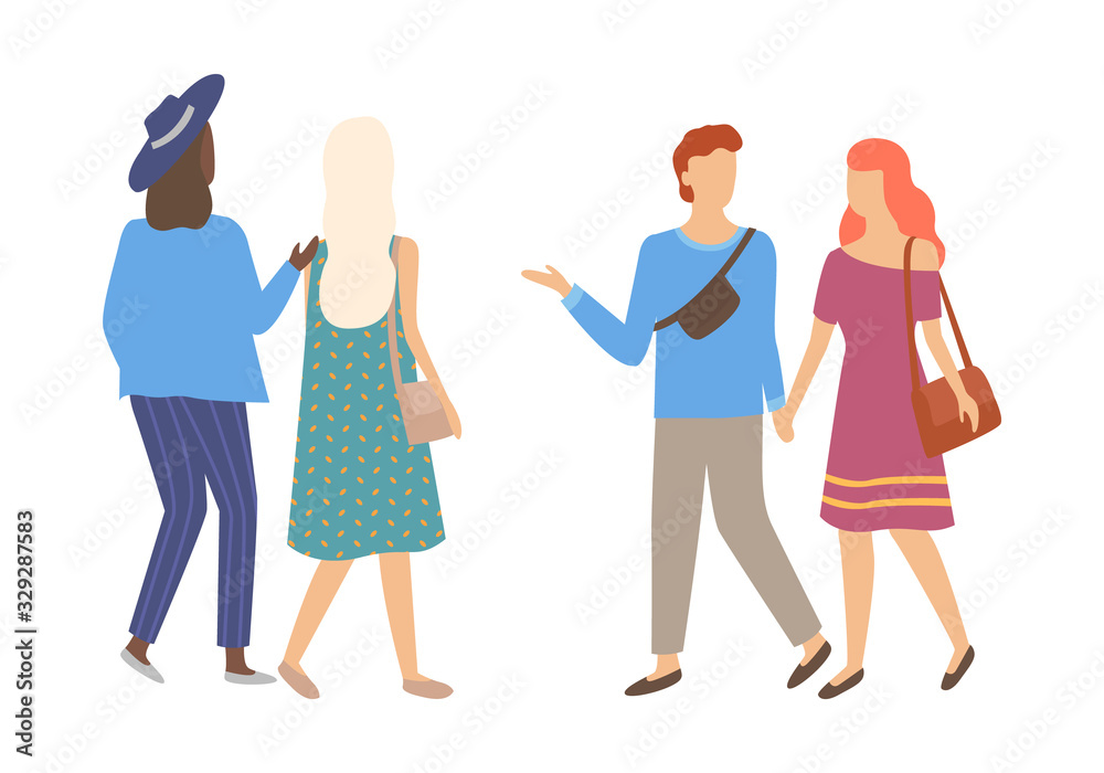 Fototapeta premium Couple holding hands and walking outdoor, portrait and back view of people characters, friends going in casual clothes, man and woman outdoor vector