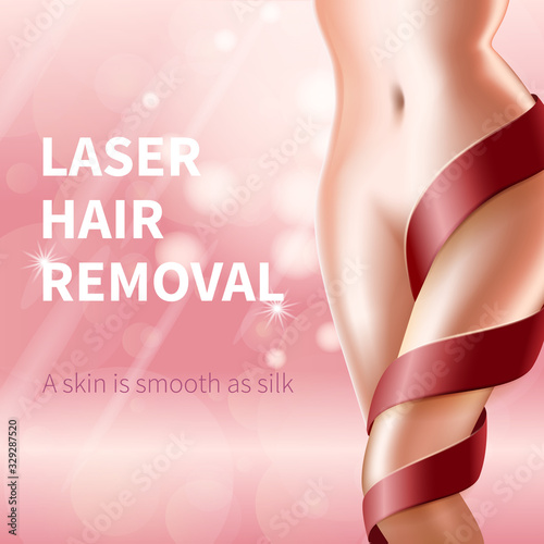 Hair Laser Removal Square Banner, Feminine Body with Red Lace and Skin Smooth as Silk on Pink Glowing Background with Sun Light and Sparkles. Beauty Procedure. 3D Vector Realistic Illustration, Poster