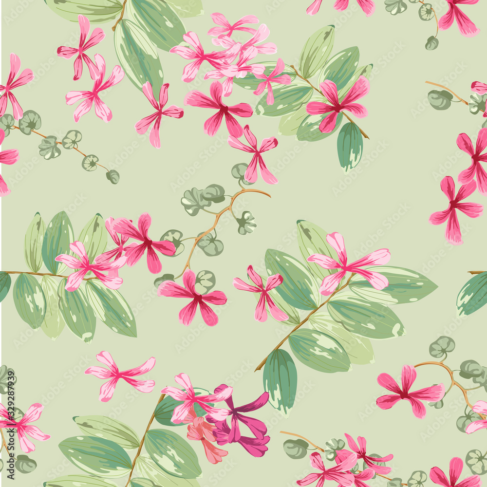 floral background with small red flowers and twigs with leaves