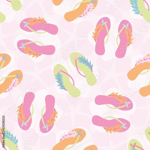 Flip flop shoe seamless vector pattern background. Elegant sandals and abstract flowers tropical backdrop. Pink hues modern illustration. All over print for beach wedding, vacation resort concept