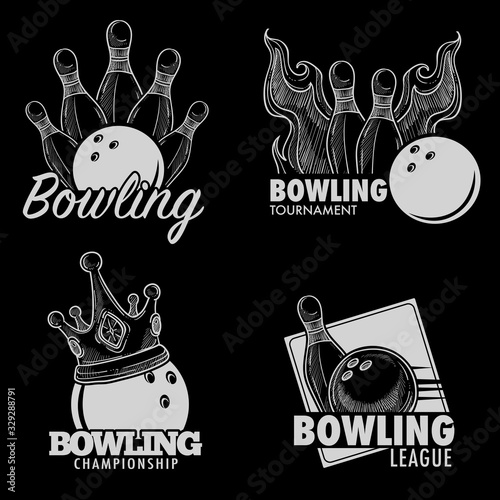 Bowling isolated icons, skittles and ball, championship or tournament