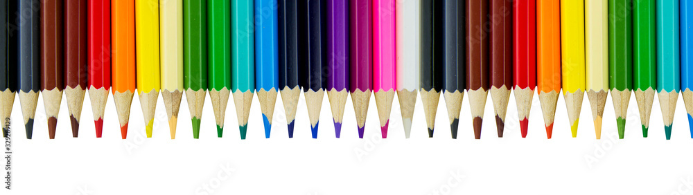 color pencils in a row with the top on a white background. Banner with colored pencils. color pencils in a row with the top on a white background. Banner with colored pencils.