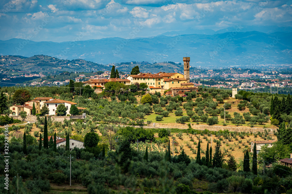 Wide angle view of typical Italian landscape with olive trees, old houses and blue sky. Travel destination Tuscany, Italy