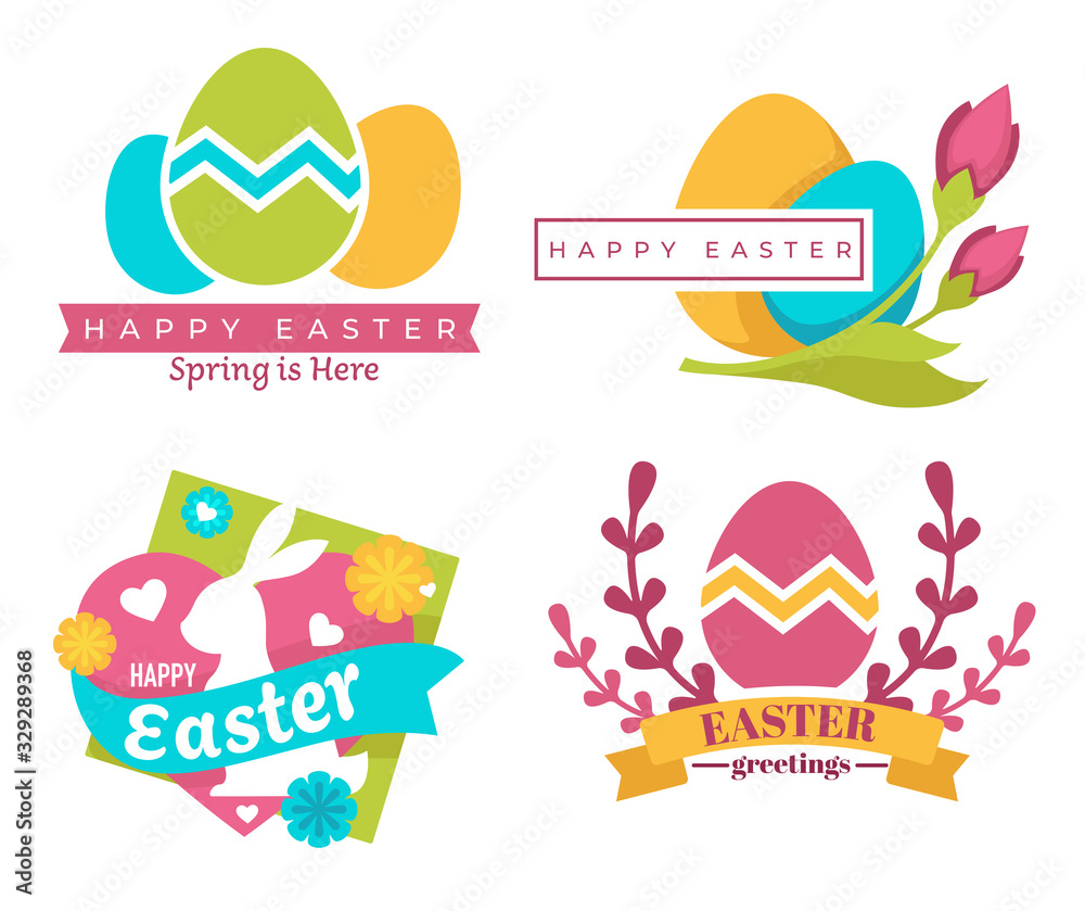 Happy Easter isolated icons, color eggs and bunny