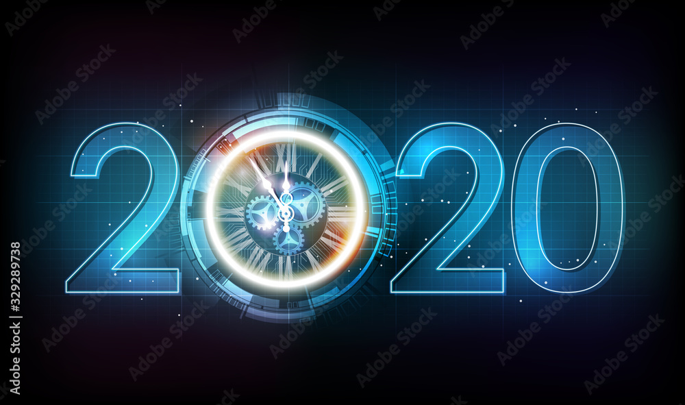 Happy New Year 2020 celebration with white light abstract clock on futuristic technology background, countdown concept, vector illustration