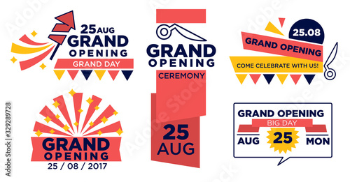 Grand opening ceremony isolated icons, scissors and ribbon