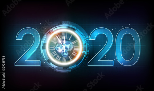 Happy New Year 2020 celebration with white light abstract clock on futuristic technology background, countdown concept, vector illustration