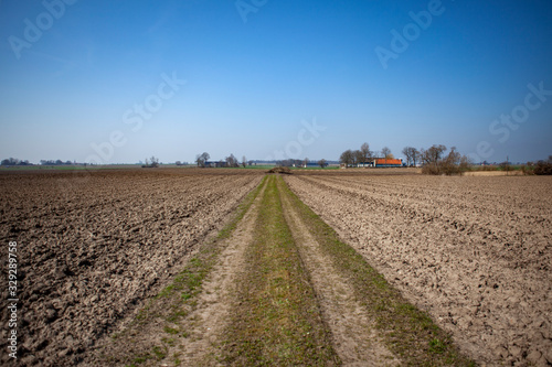 Perspective of gravel road between farm land fields