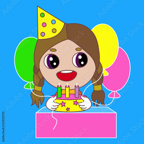 chibi girl in a birthday cap sitting at a table on which stands a cake with candles, smiling and holding colorful balloons in his hands, vector emoticon