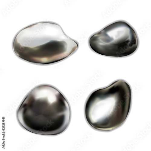 Set of glossy liquid metal drops on white