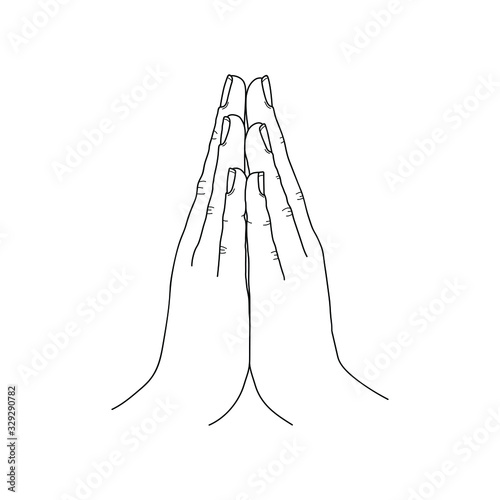 Mudra. Hand greeting posture of namaste linear illustration. Thin line namaste EPS 10 vector illustration isolated on white background.