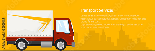Banner of transportation and cargo services, red cargo delivery truck on the background of the city and text, shipping and freight of goods, vector illustration