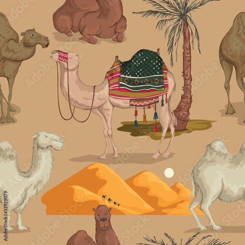 Seamless pattern with camels in different poses, sand dune of desert and palm tree. Vector illustration