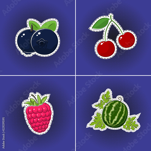 Set of fruits sticker on a purple violet pop art halftone background  berries blackberry and cherry  raspberries and watermelon  pins or patches  retro style  vector illustration