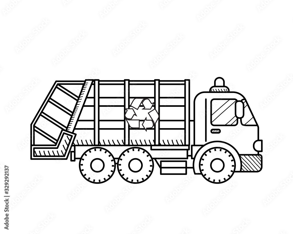 Garbage truck icon isolated on white background. Educational concept for coloring book page for kids