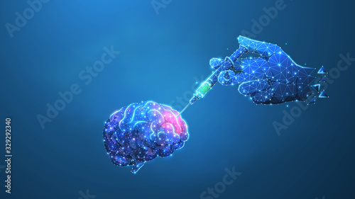 Human Brain surgery. Syringe with a vaccine. Preventive medicine, health care, neurological treatment. Low poly, wireframe 3d vector illustration. Abstract, polygonal image on blue neon background