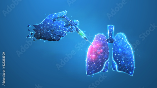 Human Lung surgery. Syringe with a vaccine. Preventive medicine, health care, pulmonary treatment. Low poly, wireframe 3d vector illustration. Abstract, polygonal image on blue neon background