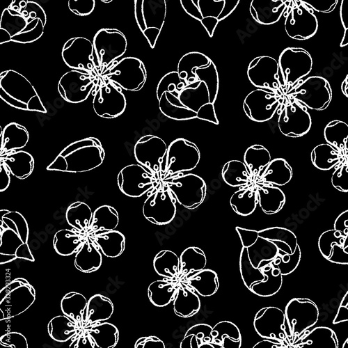 Seamless pattern of white sakura or cherry flower on black background. Intermittent line -  imitation hand draw with chalk or pen. Texture in doodle and minimalism style. 