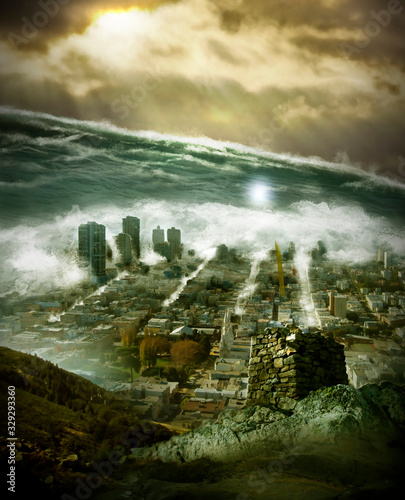 3D rendering illustration of a Large Tsunami Hits The City.