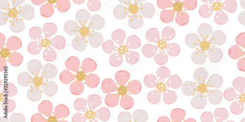seamless pattern of sakura or cherry flower different shaes on white. Cute pink background on spring and summer theme in flat style for textile, card and wedding. 