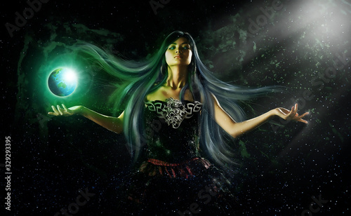 3D rendering illustration of a Goddess Holds Glowing Earth by Her Hand.