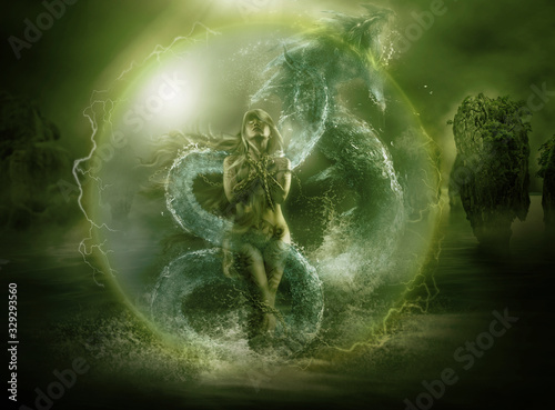 Fotografia, Obraz 3D rendering illustration of a Goddess standing in front of water dragon