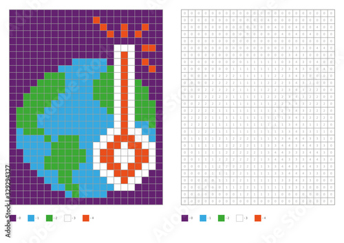 Kids coloring page, pixel coloring earth and thermometer.  Vector illustration