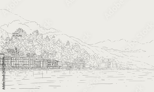 Vector hand drawn sketch style outline illustration of italian Como lake landscape. Romantic background for invitations, banners and cards.