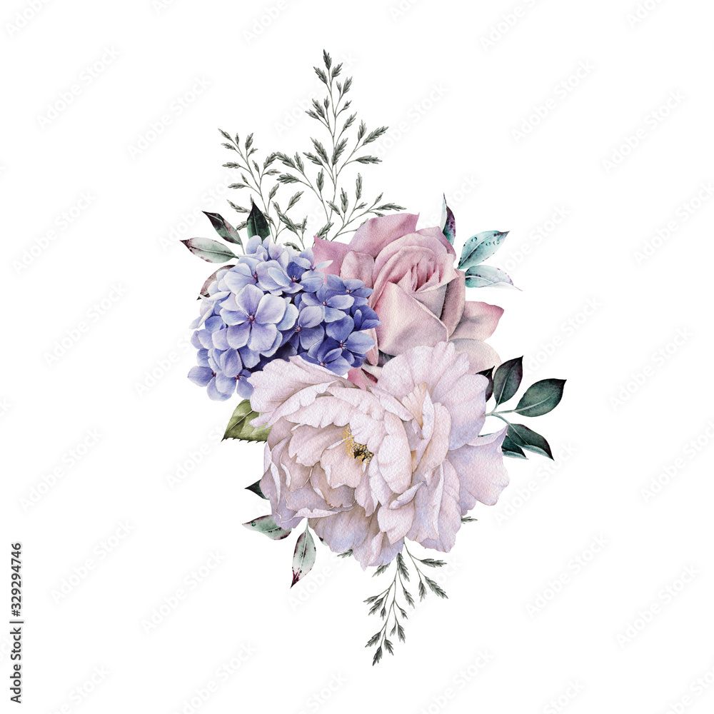 Bouquet of flowers, can be used as greeting card, invitation card for wedding, birthday and other holiday and  summer background. Watercolor illustration - obrazy, fototapety, plakaty 