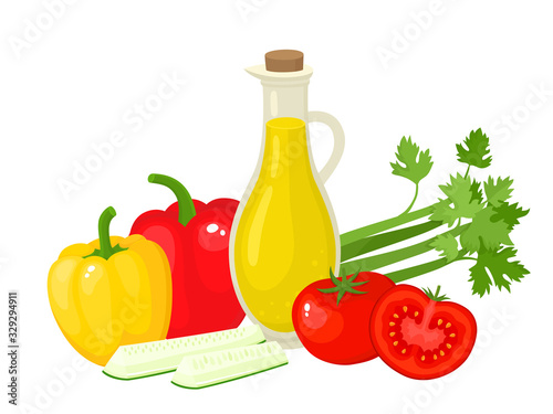 Bright vector illustration of colorful vegetable and oil for salad.