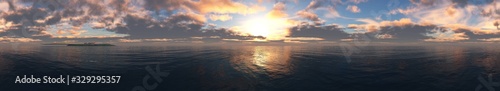 Beautiful panoramic sunset at sea, ocean landscape at sunrise, 3D rendering