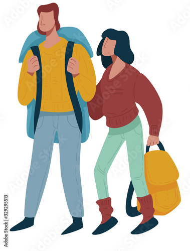 Hikers couple or backpackers, man and woman traveling, isolated characters