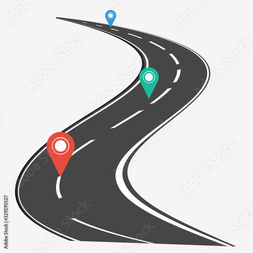 Road with white lines, bending road with map location pin on white background