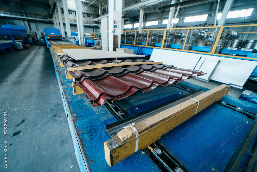 Metal tile manufacturing factory. Steel sheet metal