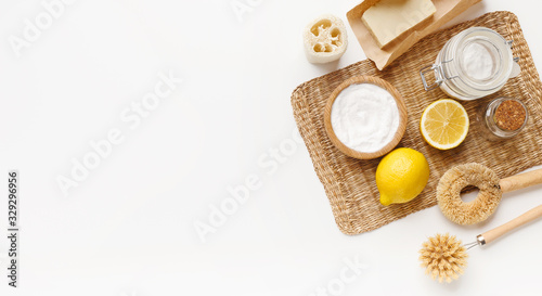 Bio natural cleaners - lemon, baking soda, salt on white