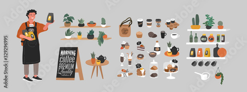 Coffee shop hand drawn collection . Cartoon constructor set. Houseplant and interior decoration, logo lettering and quote, barista character, coffee pots, sweet dessert. Vector illustration