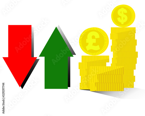 golden money ups and downs vector graphic table, red and green arrow sign