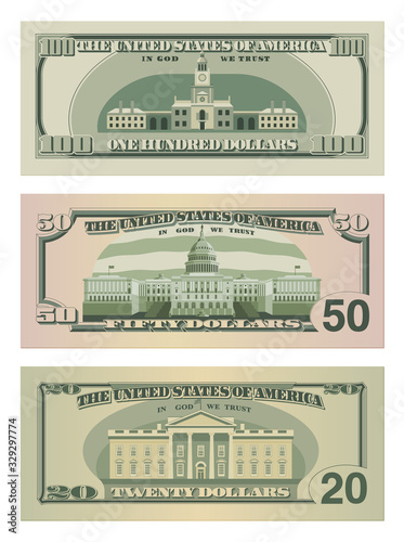 Set of one hundred dollars, fifty dollars and twenty dollar bills. 100, 50 and 20 US dollars banknotes from reverse side. Vector illustration of USD isolated on white background