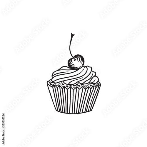 Hand drawn doodle sketchy illustration of home baked cupcake with whipped buttercream cherry on top. Creative food pastry drawing template for bakery wedding party desserts