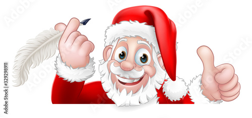 Santa Claus cartoon character peeking over a sign holding a quill pen. Christmas gift, naughty and nice list or letter to Santa concept.