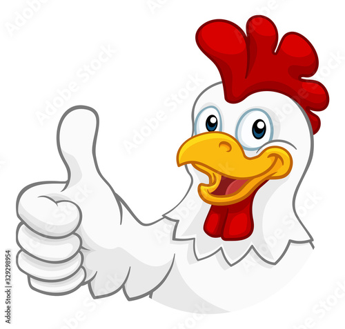 A chicken cartoon rooster cockerel character mascot giving a thumbs up.