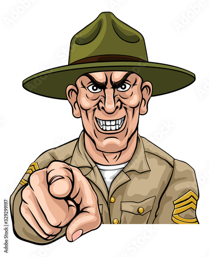 An army bootcamp drill sergeant soldier looking mean and pointing at the viewer
