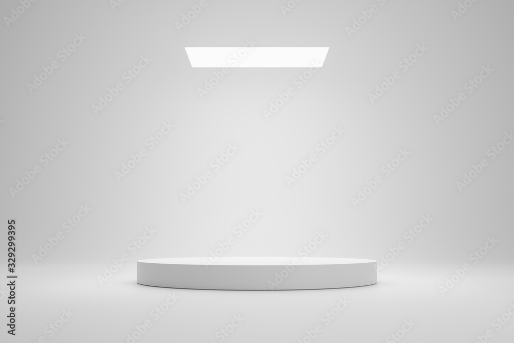 Empty podium or pedestal display on white room and light background with futuristic stand concept. Blank product shelf standing backdrop. 3D rendering. Empty podium or pedestal display on white room and light background with futuristic stand concept. Blank product shelf standing backdrop. 3D rendering.