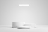 Empty podium or pedestal display on white room and light background with futuristic stand concept. Blank product shelf standing backdrop. 3D rendering.
