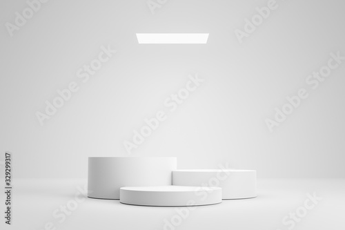 Empty podium or pedestal display on white room and light background with futuristic stand concept. Blank product shelf standing backdrop. 3D rendering.