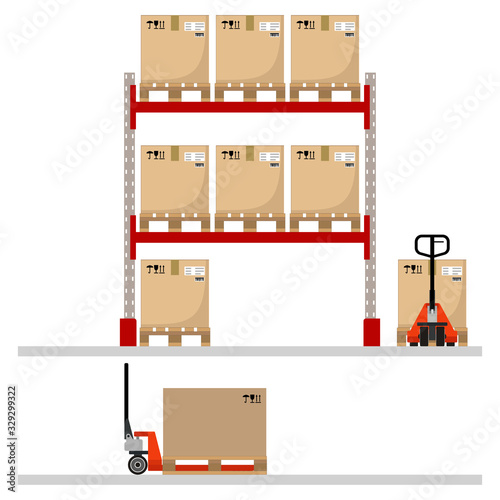 Metal racks with boxes on pallets, hand pallet trucks with a cardboard boxes. Flat design. Vector illustration.