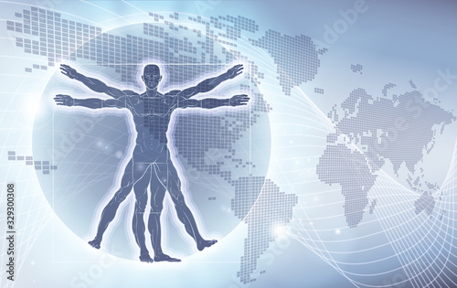 A Vitruvian man world map background design graphic photo